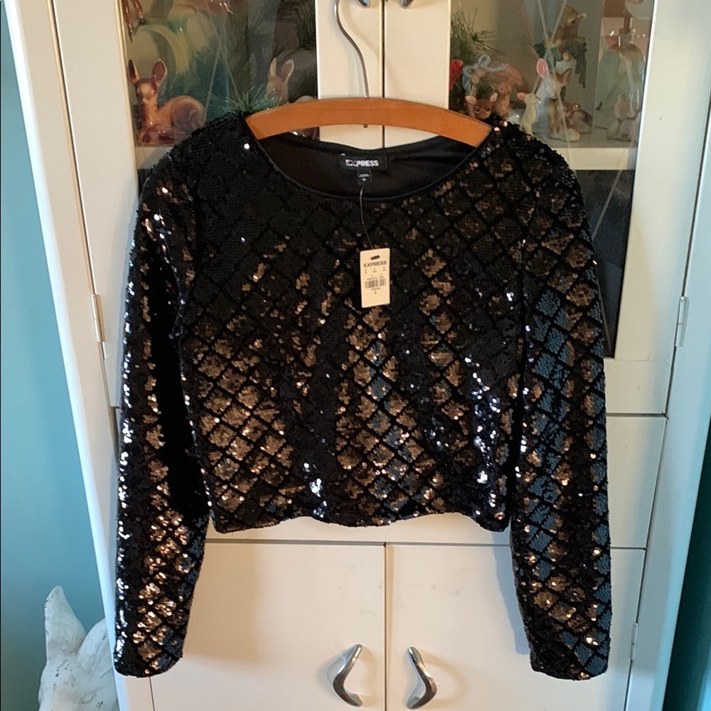 Express sz S Black Sequin Long Sleeve Top nwt shorter style